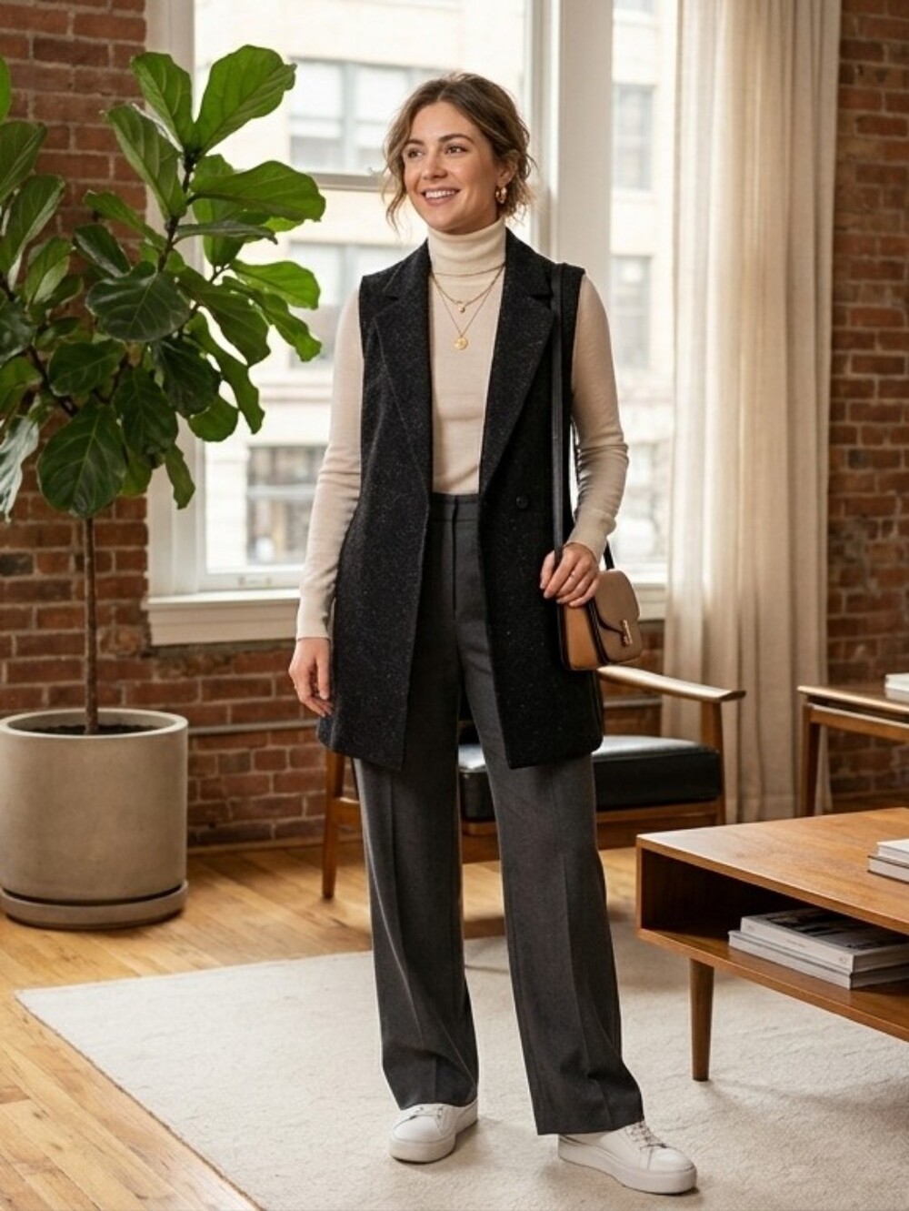Design Lab Lord & Taylor Black Wool Blend Long Vest Duster Coat - Size L